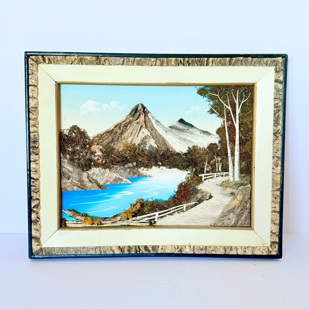Vintage 1950s Japanese 3D Mixed Media Wall Art Bark & Moss Mountain Landscape
